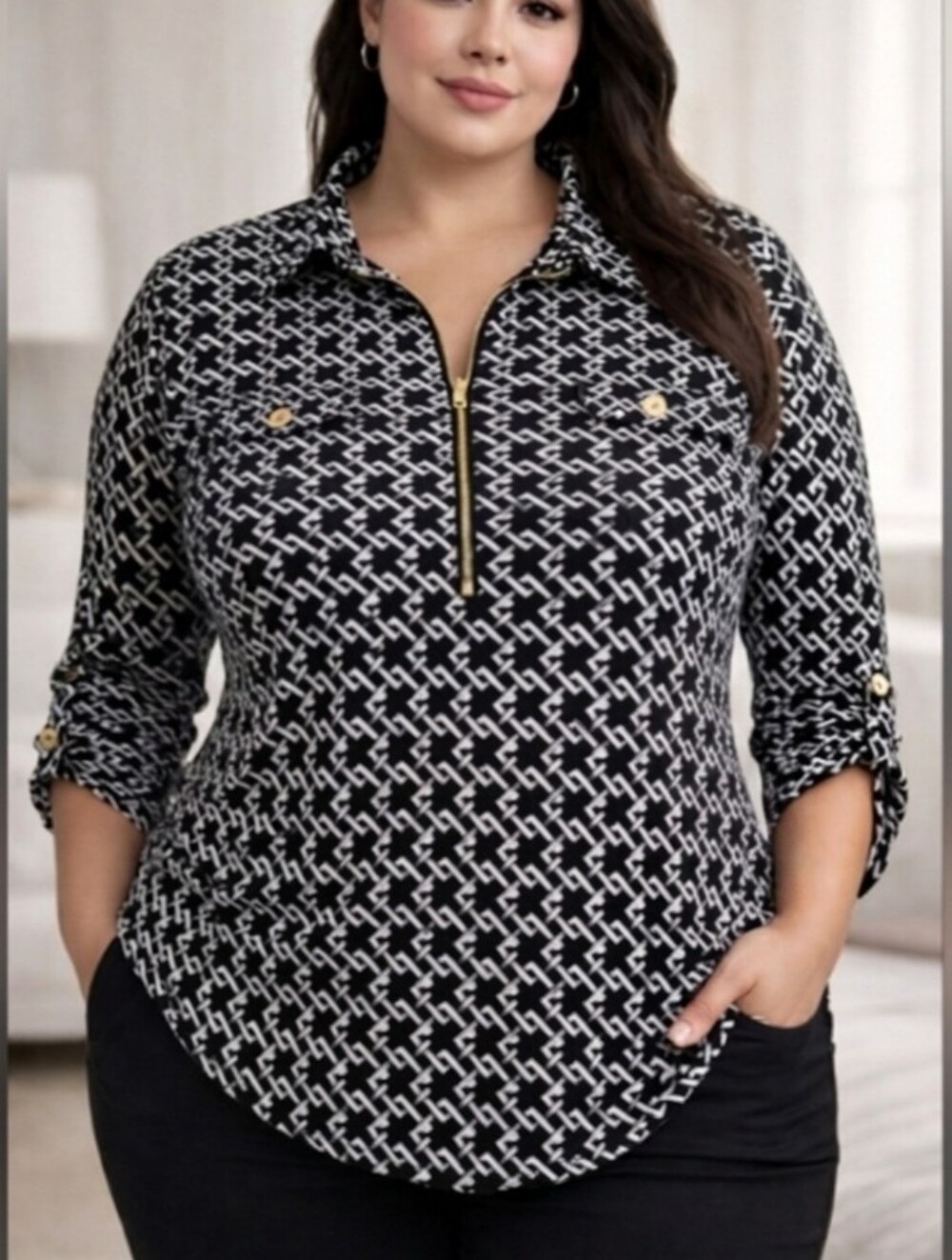 Jones Studio Black White Chain Link 1/4 Zip Long Sleeve Top Size 1X